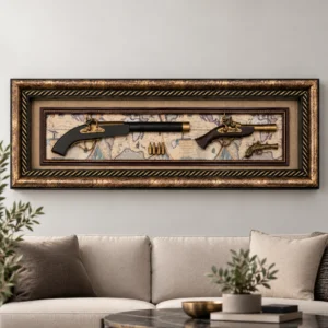 Elegant framed display of antique pistols and map, enhancing modern luxury home decor.