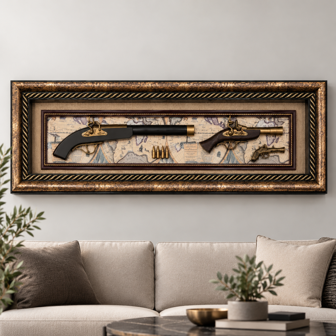 Elegant framed display of antique pistols and map, enhancing modern luxury home decor.