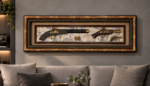 Antique pistol shadowbox wall art with map background in luxury living room decor.