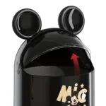 Black Mickey Mouse themed trash can with ears and lid open.