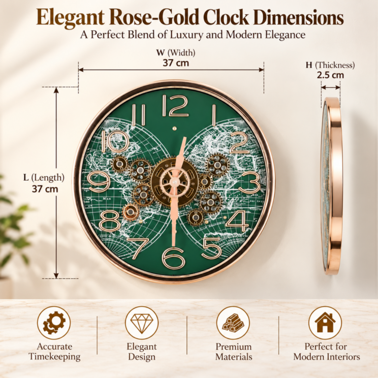 Elegant rose-gold wall clock with world map design, perfect for modern and luxury home decor.
