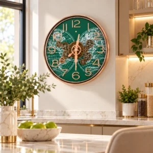 Emerald map wall clock in a modern luxury kitchen setting with marble countertops and gold accents.