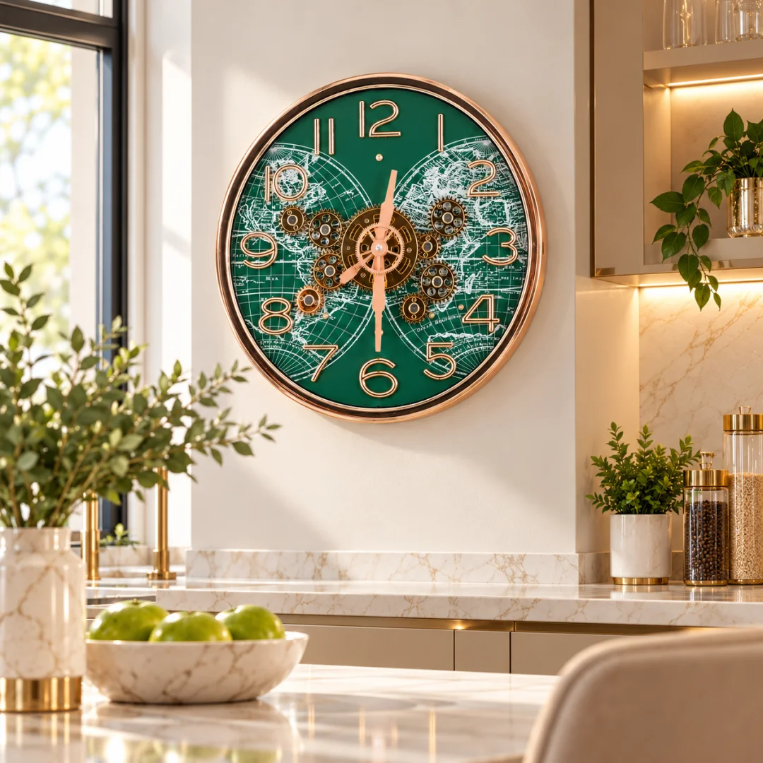 Emerald map wall clock in a modern luxury kitchen setting with marble countertops and gold accents.