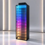 Futuristic LED glass display cabinet with colorful lighting, ideal for modern home decor.