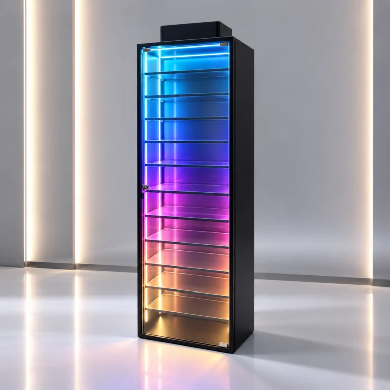 Futuristic LED glass display cabinet with colorful lighting, ideal for modern home decor.