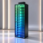 Futuristic neon-lit glass display cabinet with LED lighting in a modern interior.