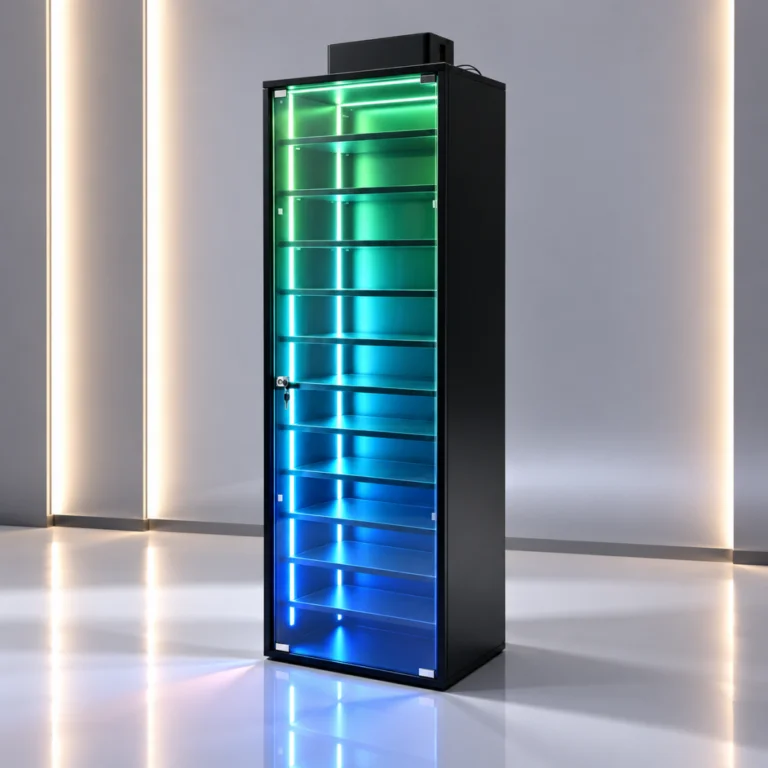 Futuristic neon-lit glass display cabinet with LED lighting in a modern interior.