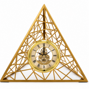 Geometric gold skeleton clock with intricate design, modern home decor accessory.
