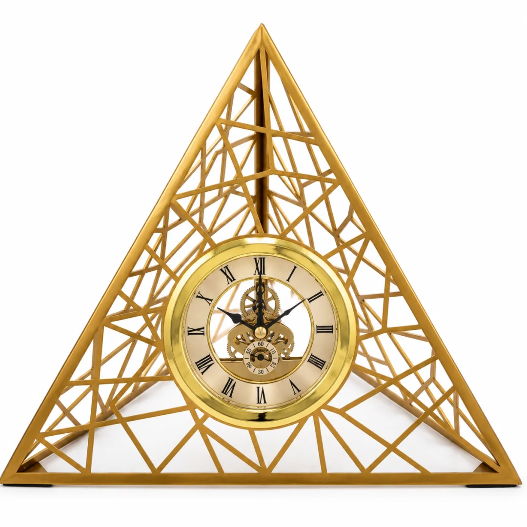 Geometric gold skeleton clock with intricate design, modern home decor accessory.