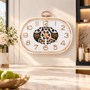 Luxurious rose gold skeleton wall clock in modern home decor setting.