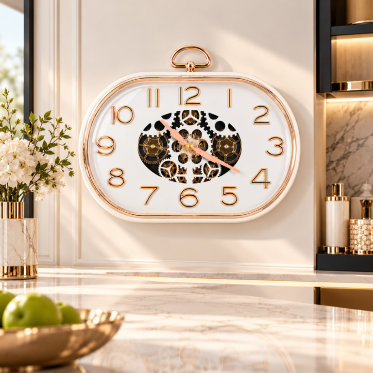 Luxurious rose gold skeleton wall clock in modern home decor setting.