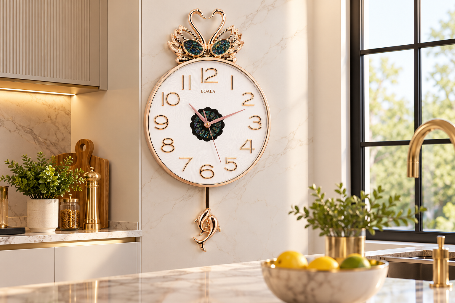 Luxurious rose gold swan wall clock in modern kitchen decor.
