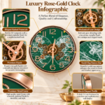 Luxury rose-gold clock with elegant raised numerals and mechanical gear design.