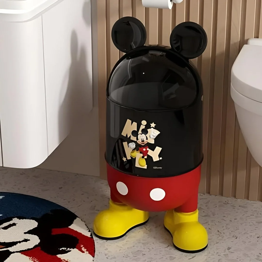 Mickey Mouse Bathroom Trash Can Mickey Mouse themed bathroom trash can with playful design.