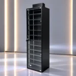 Minimalist glass display cabinet with modern design and sleek black frame.