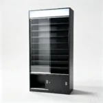 Modern black display cabinet with shelves and glass doors for home decor.