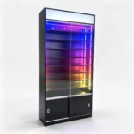 Modern illuminated display cabinet with colorful LED lighting and glass doors.