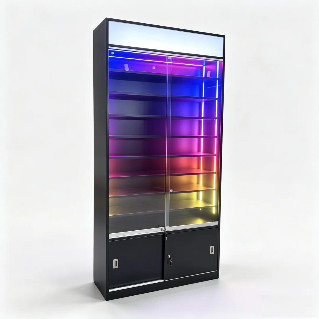 Modern illuminated display cabinet with colorful LED lighting and glass doors.