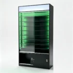 Modern illuminated display cabinet with green LED lighting and glass shelves.