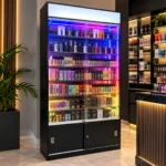 Neon-lit display cabinet with vape products in a modern interior setting.