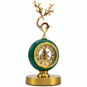 Ornate emerald green skeleton clock with gold accents and decorative top, modern luxury home decor.