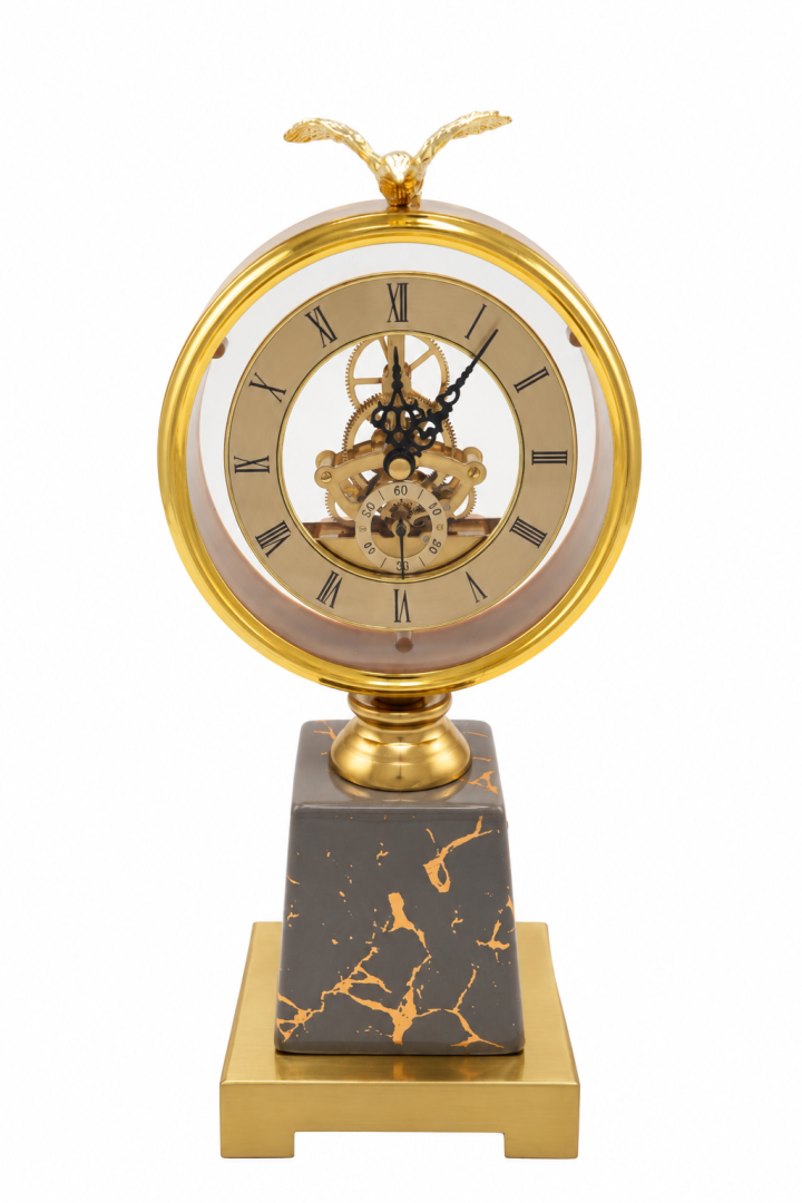Ornate gold skeleton clock with marble base, luxury home decor