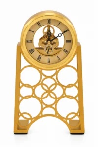Ornate gold skeleton mantel clock with intricate design, modern home decor accessory.