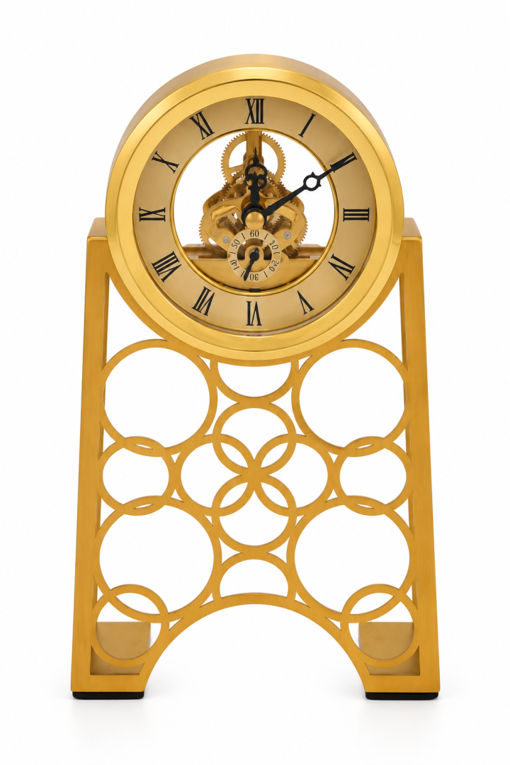 Ornate gold skeleton mantel clock with intricate design, modern home decor accessory.