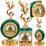 Ornate green and gold floral clock with intricate design and decorative accents.