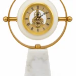 Ornate steampunk clock with marble base and gold accents, modern home decor.