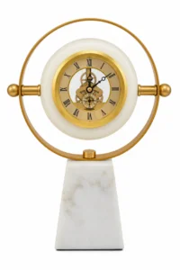 Ornate steampunk clock with marble base and gold accents, modern home decor.