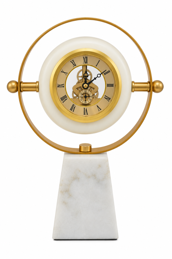 Ornate steampunk clock with marble base and gold accents, modern home decor.