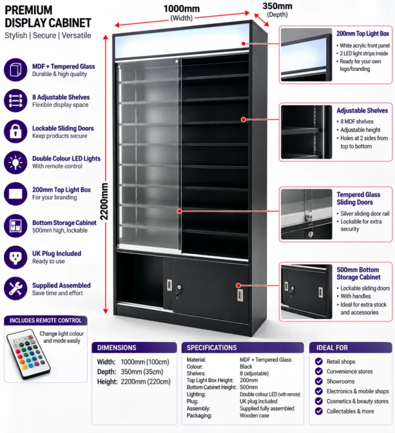 Premium display cabinet with LED lighting, adjustable shelves, and lockable sliding doors.