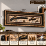 Vintage gun display with map background in luxury frame, featuring replica guns and bullets.