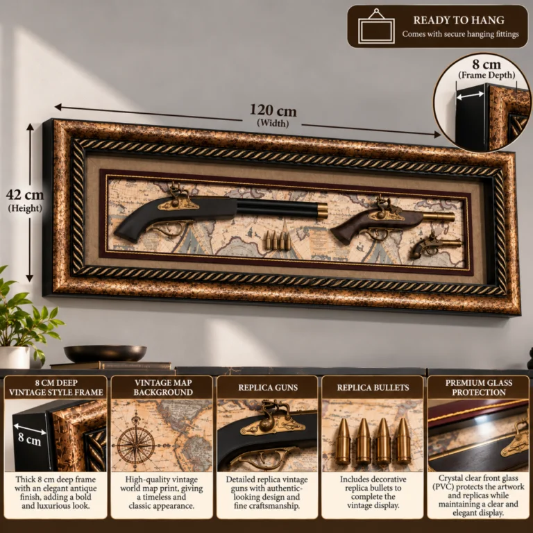 Vintage gun display with map background in luxury frame, featuring replica guns and bullets.